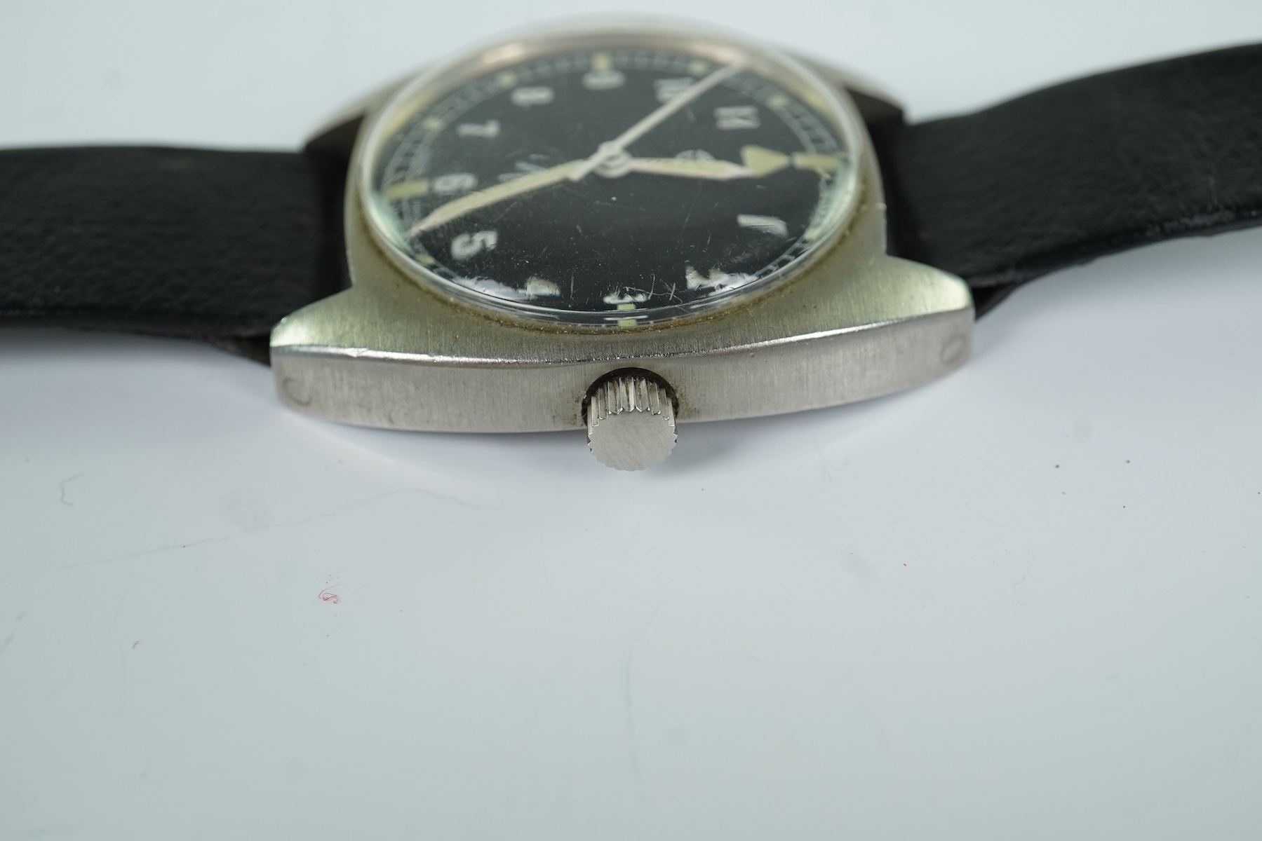 A gentleman's stainless steel tonneau cased R.A.F. 'Lost Navigator' manual wind wrist watch, one of 2000 issued only in 1976